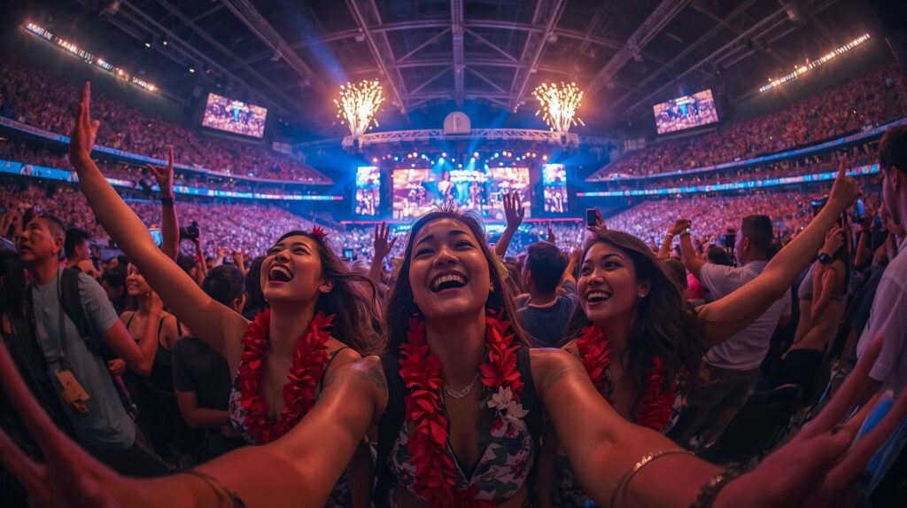 give me ai images of people enjoying a new year eve in a concert inside a stadium